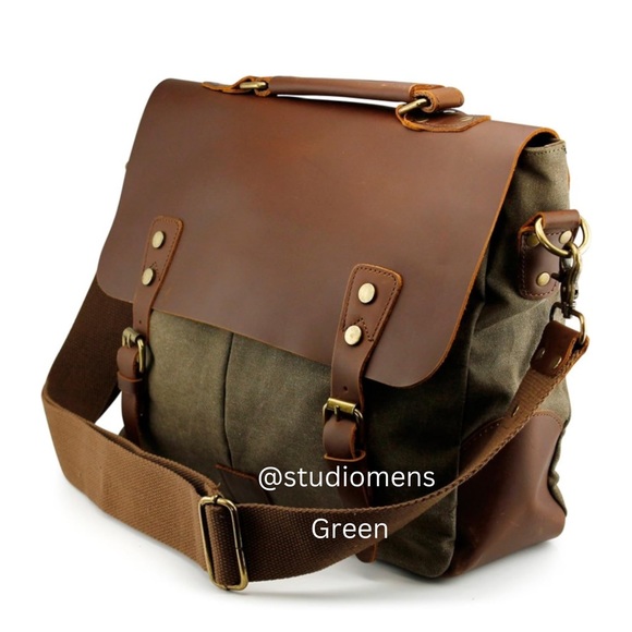 NEW Genuine Leather Canvas Messenger Bag - Picture 3 of 16